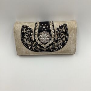 Unbrandred Women's Beige Trifold Wallet Rhinestone Buckle Floral Design‎